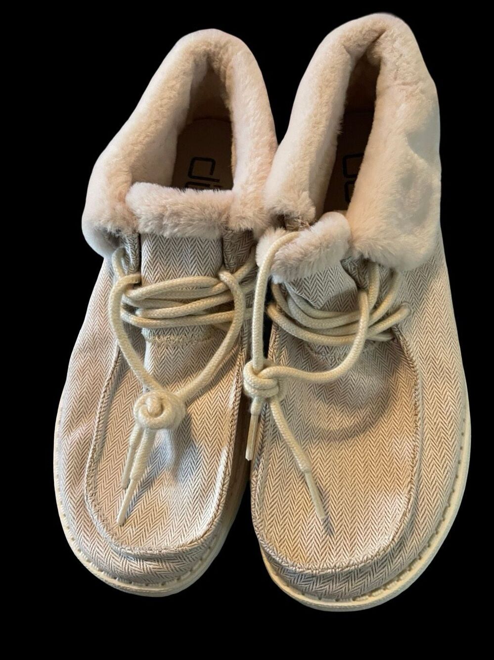 New Hey Dude Herringbone Cream Britt Faux Fur Fold Over Moccasins Shoes Size 9